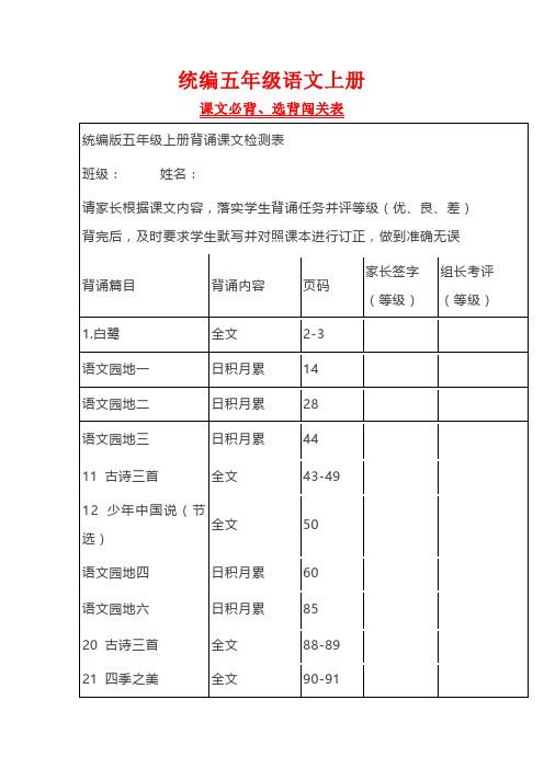 (部编)统编版小学语文五年级上册课文背诵(暑期提前预习)