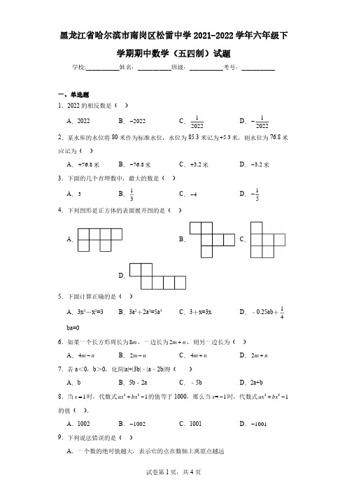 黑龙江省哈尔滨市南岗区松雷中学2021-2022学年六年级下学期期中数学(五四制)试题