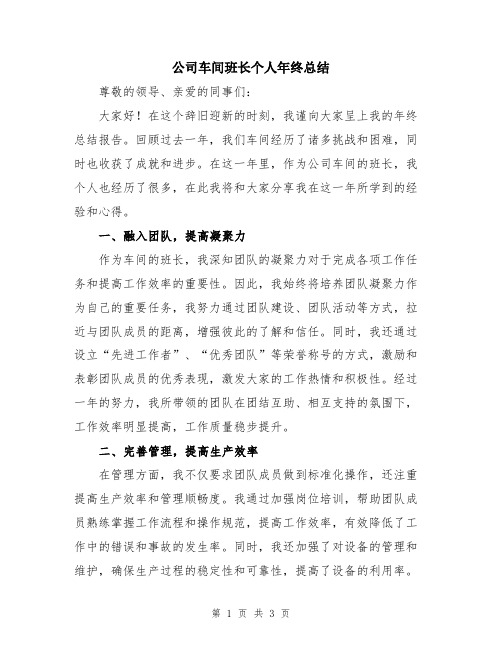 公司车间班长个人年终总结