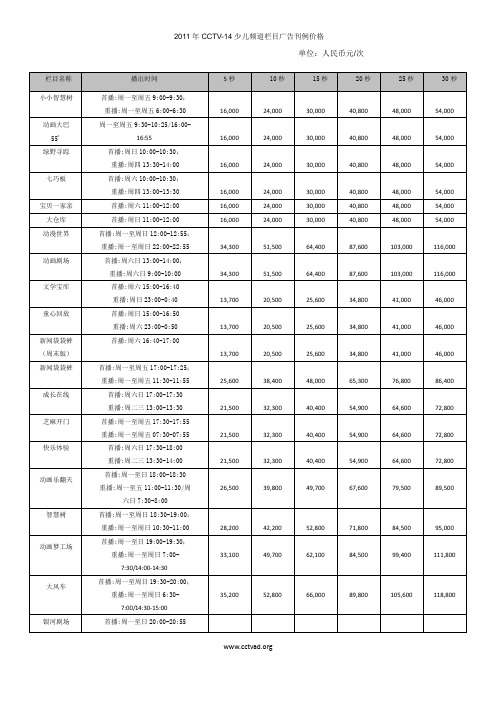 2011年CCTV-14少儿频道栏目广告刊例价格