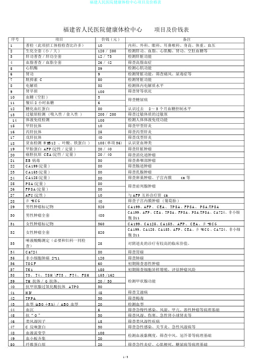 福建人民医院健康体检中心项目及价格表