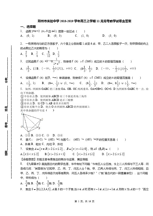 郑州市实验中学2018-2019学年高三上学期11月月考数学试卷含答案