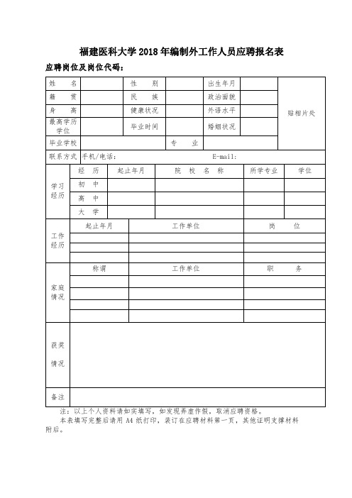 XX大学2018年编制外工作人员应聘报名表【模板】