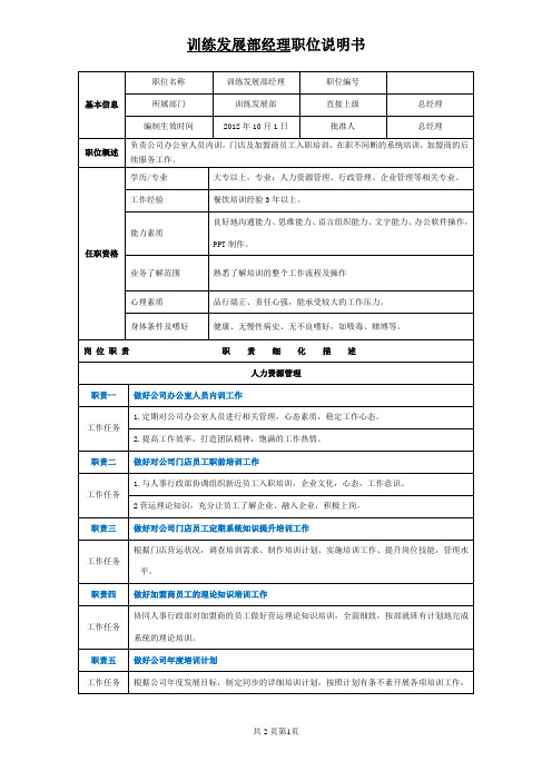 XX餐饮管理公司训练发展部经理岗位说明书