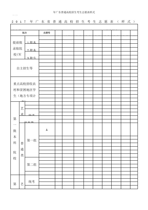 年广东普通高校招生考生志愿表样式