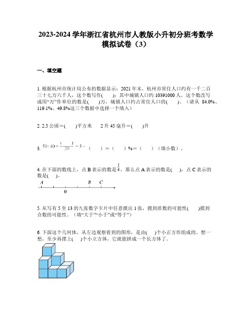 2023-2024学年浙江省杭州市人教版小升初分班考数学模拟试卷(3)