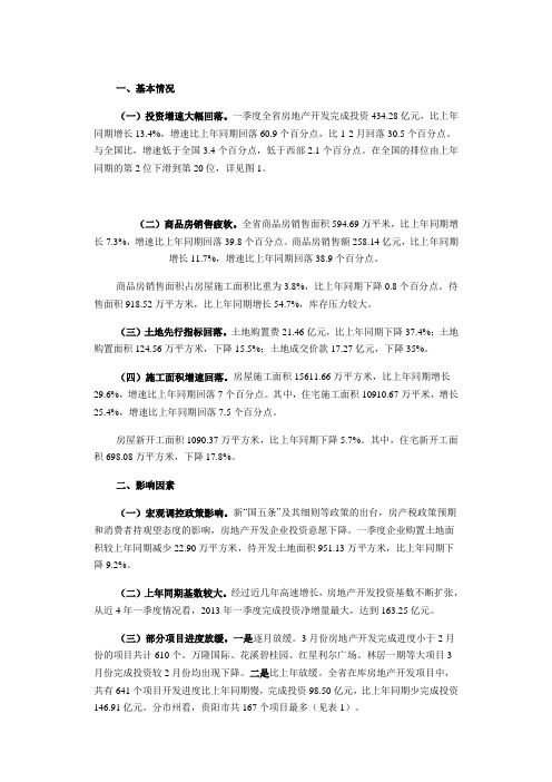 贵州省统计局-2014年一季度贵州省房地产开发投资情况分析