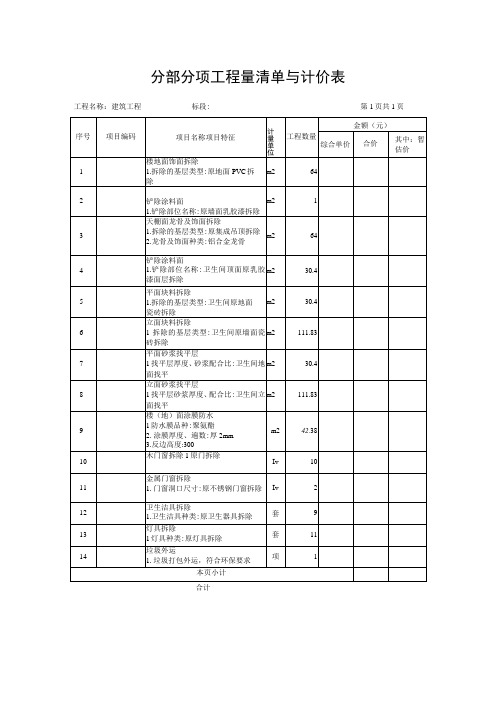 分部分项工程量清单与计价表