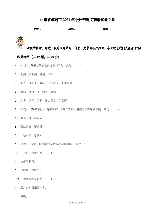 山东省滨州市2021年小升初语文期末试卷D卷