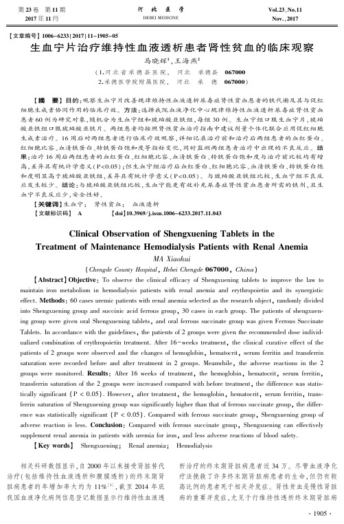 生血宁片治疗维持性血液透析患者肾性贫血的临床观察