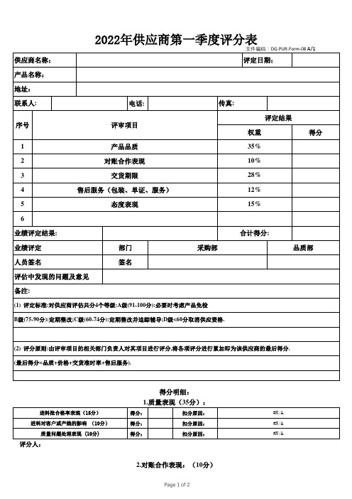 2022年供应商第一季度评分表