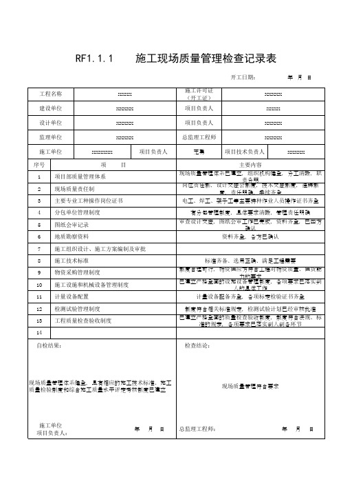 上海人防工程施工现场质量管理检查记录表