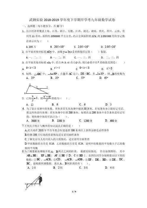 武钢实验学校2018-2019学年度下学期开学考九年级数学试卷(word版)