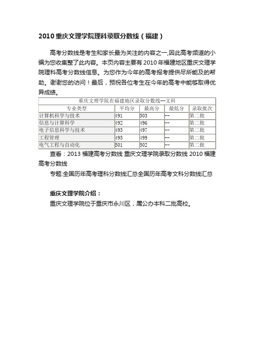 2010重庆文理学院理科录取分数线（福建）