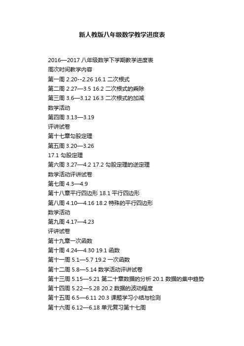 新人教版八年级数学教学进度表