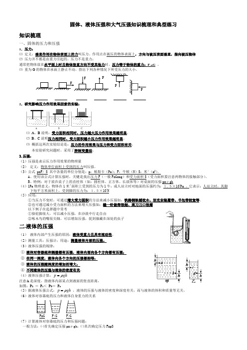 固体、液体压强和大气压强知识梳理和典型练习