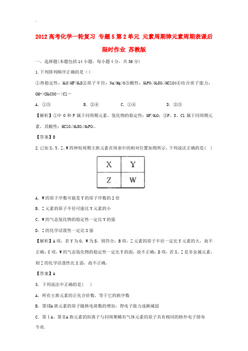 2012高考化学一轮复习 专题5第2单元 元素周期律元素周期表课后限时作业 苏教版