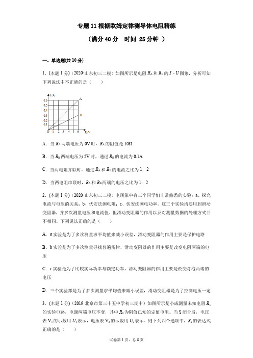 专题10 根据欧姆定律测导体电阻(精练)(原卷版)-九年级物理全册(北师大版)