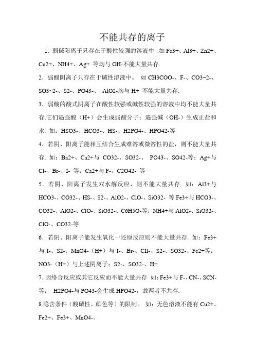 不能共存的离子