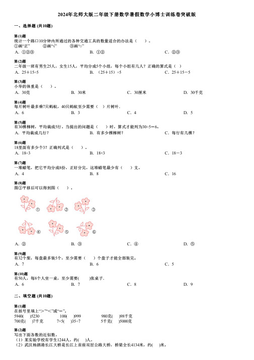 2024年北师大版二年级下册数学暑假数学小博士训练卷突破版