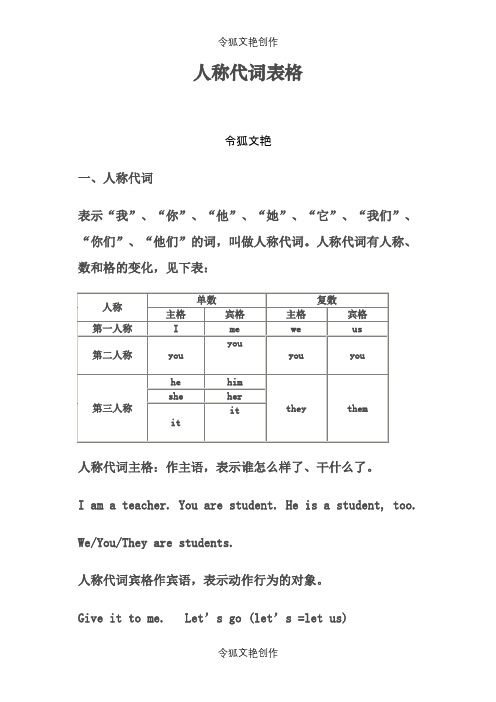 英语人称代词表格之令狐文艳创作