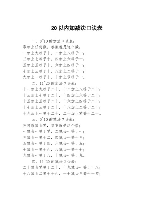 20以内加减法口诀表