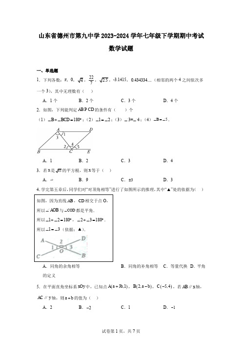 山东省德州市第九中学2023-2024学年七年级下学期期中考试数学试题