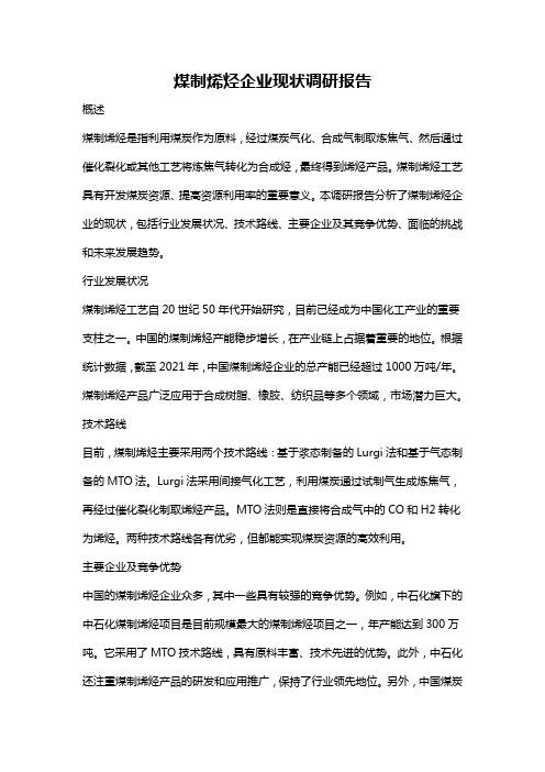 煤制烯烃企业现状调研报告