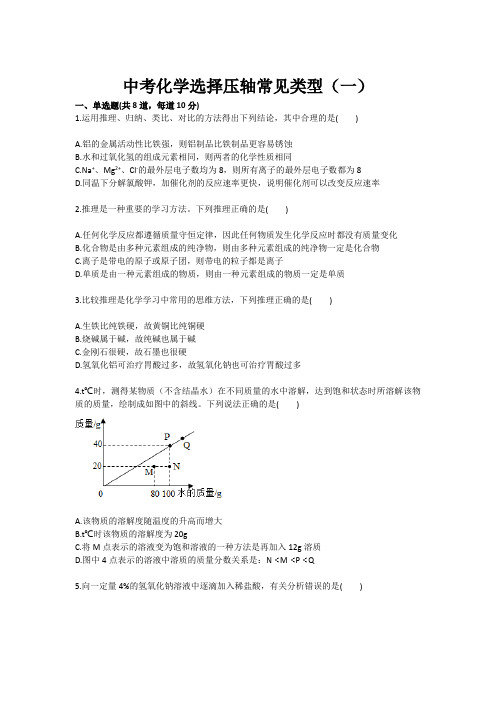 化学：中考化学选择压轴常见类型(一 九年级训练考试卷)