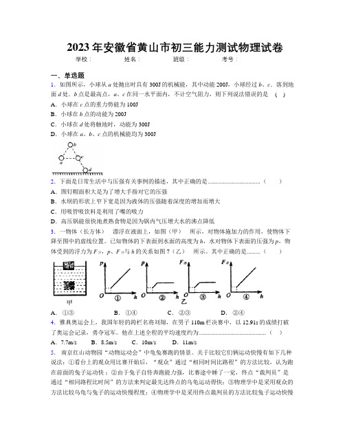 最新2023年安徽省黄山市初三能力测试物理试卷及解析