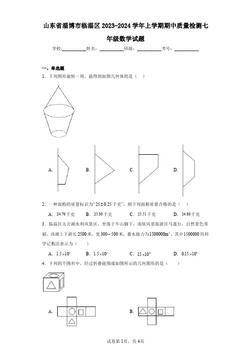 山东省淄博市临淄区2023-2024学年上学期期中质量检测七年级数学试题