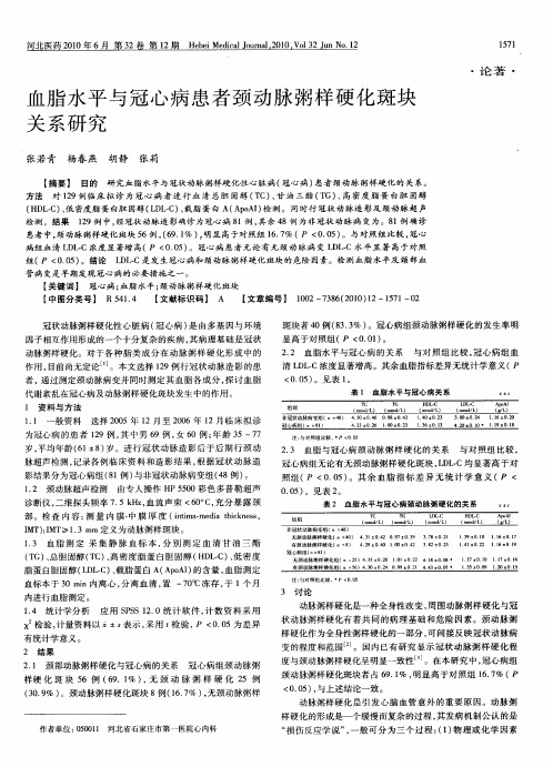 血脂水平与冠心病患者颈动脉粥样硬化斑块关系研究