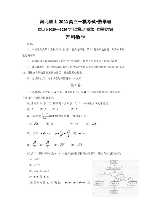 河北唐山2022高三一模考试-数学理