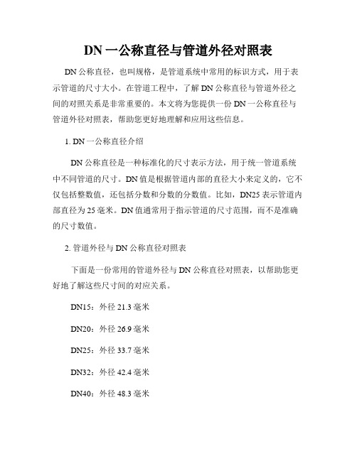 DN一公称直径与管道外径对照表