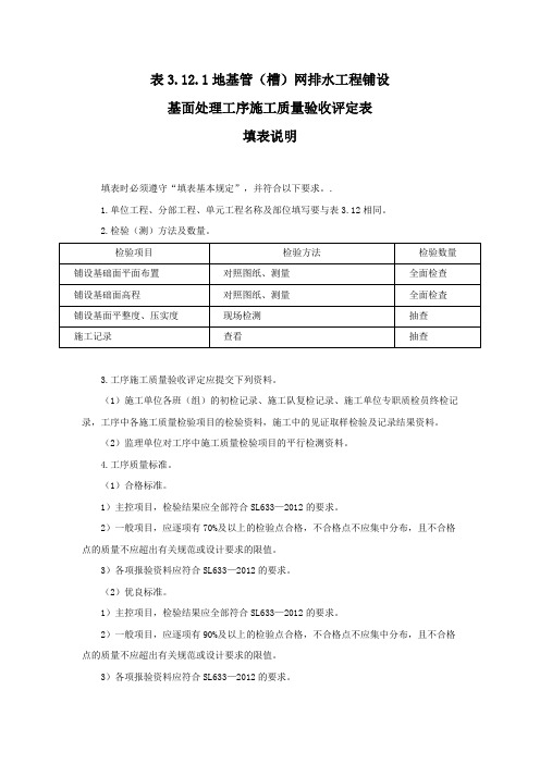地基管(槽)网排水工程铺设基面 处理工序施工质量验收评定表