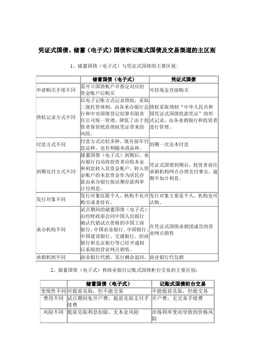 凭证式国债、储蓄(电子式)国债和记账式国债及交易渠道的主区别