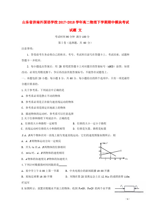 山东省济南外国语学校18学年高二物理下学期期中模块考试试题文