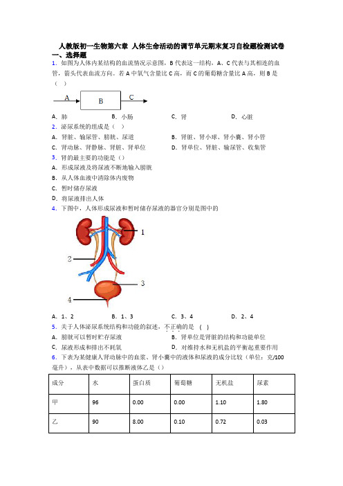 人教版初一生物第六章 人体生命活动的调节单元期末复习自检题检测试卷