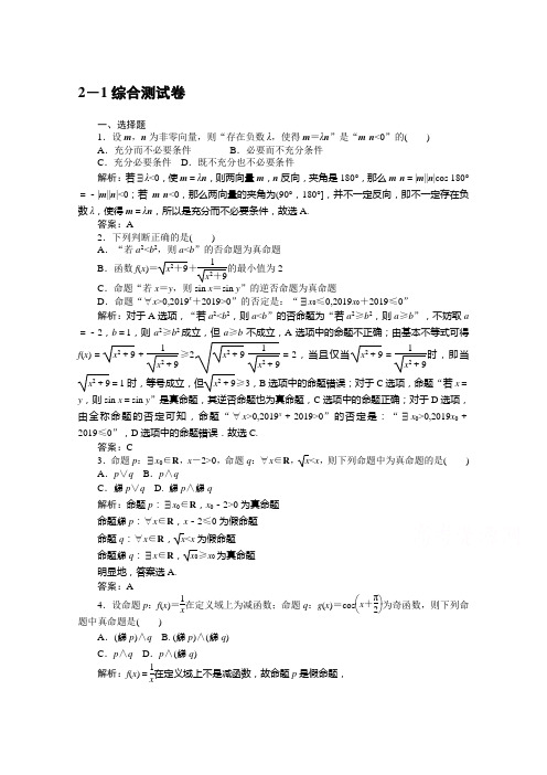 2019-2020学年数学人教A版选修2-1检测:综合测试卷 Word版含解析