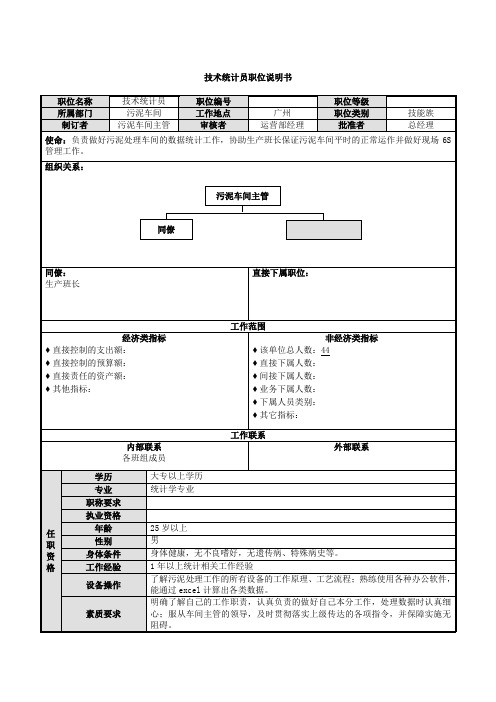 污水处理厂技术统计员职位说明书