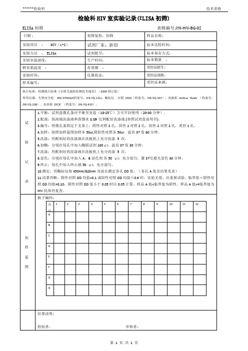 检验科HIV室实验记录(ELISA初筛)