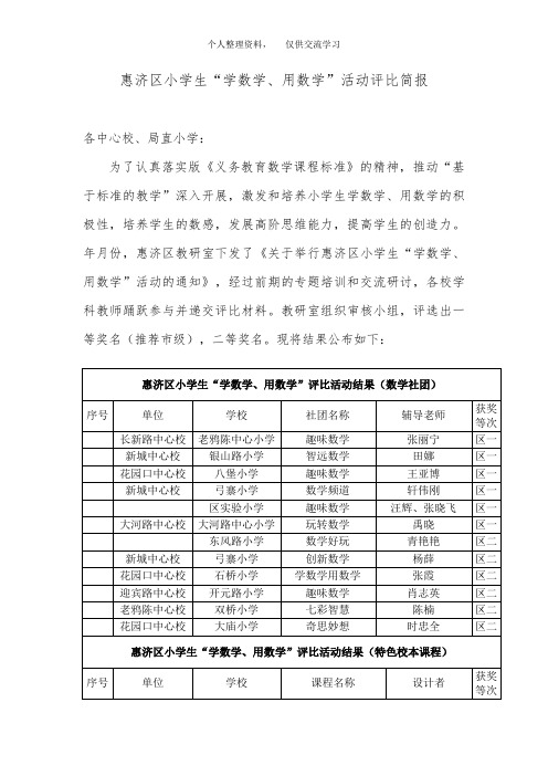 惠济区小学生学数学、用数学活动评比简报