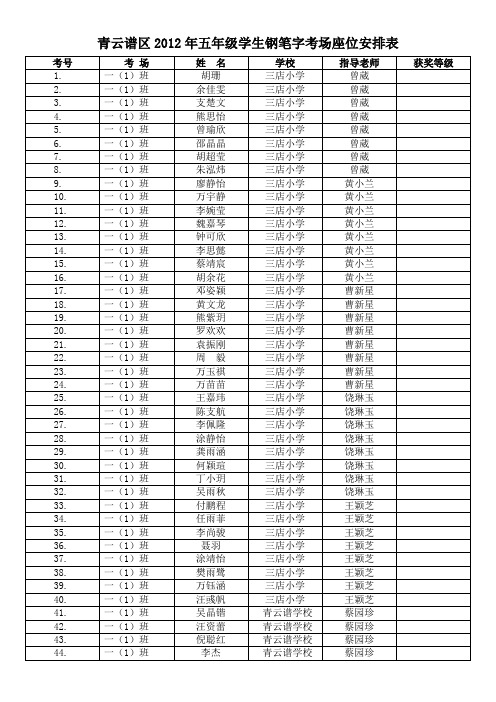 青云谱区2012年五年级学生钢笔字考场座位表