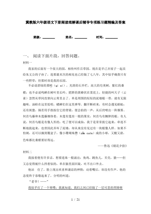 冀教版六年级语文下册阅读理解课后辅导专项练习题精编及答案