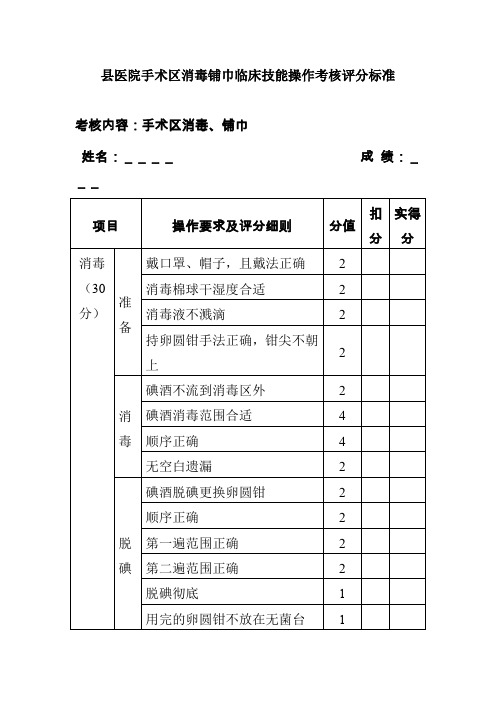 县医院手术区消毒铺巾临床技能操作考核评分标准