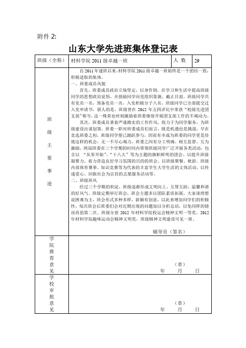 山东大学先进班集体登记表