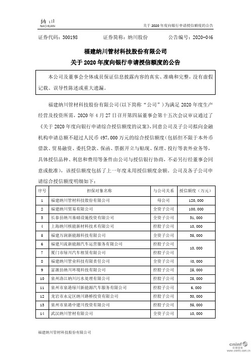 纳川股份：关于2020年度向银行申请授信额度的公告