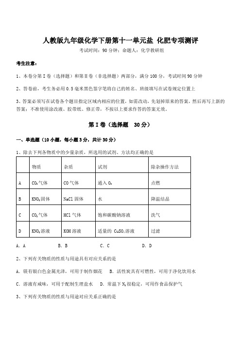 精品解析人教版九年级化学下册第十一单元盐 化肥专项测评试题(含答案及详细解析)