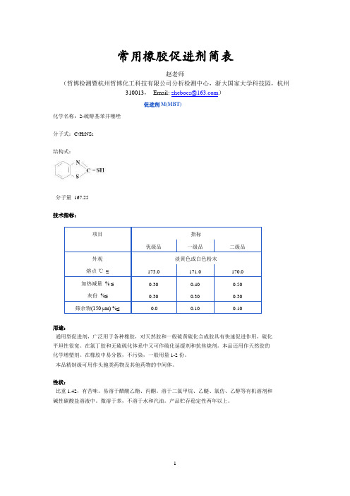 常用橡胶促进剂简表