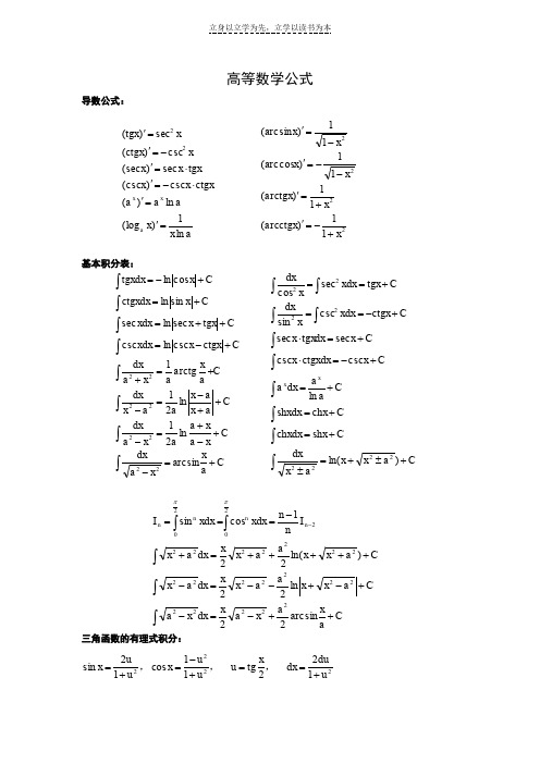 高等数学公式大全以及初等函数图像